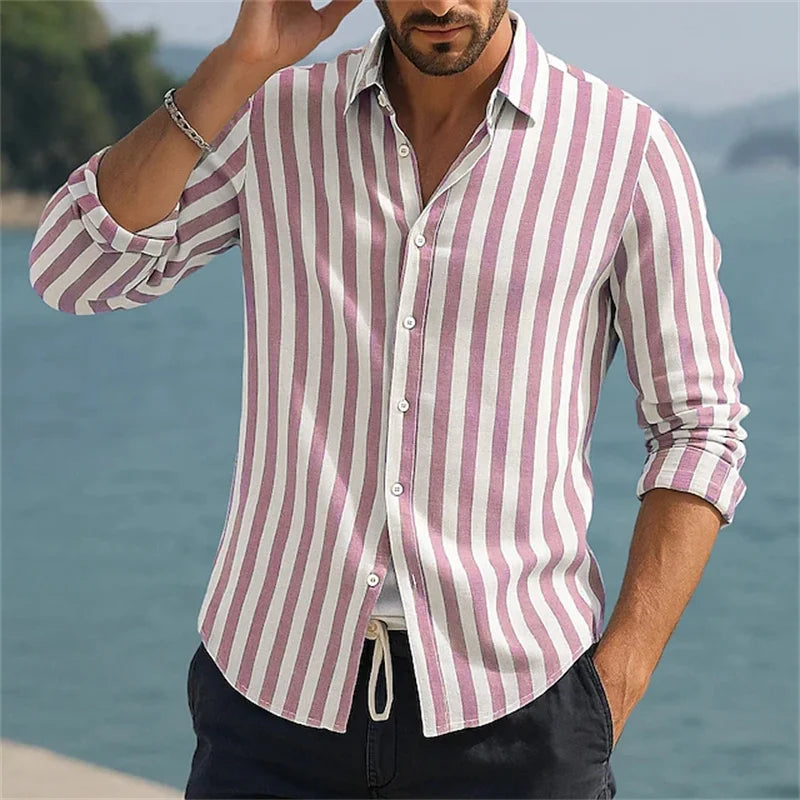 Men's Vertical Stripe Beach Shirt – Long Sleeve Silk-Feel Button-Up Vacation Top