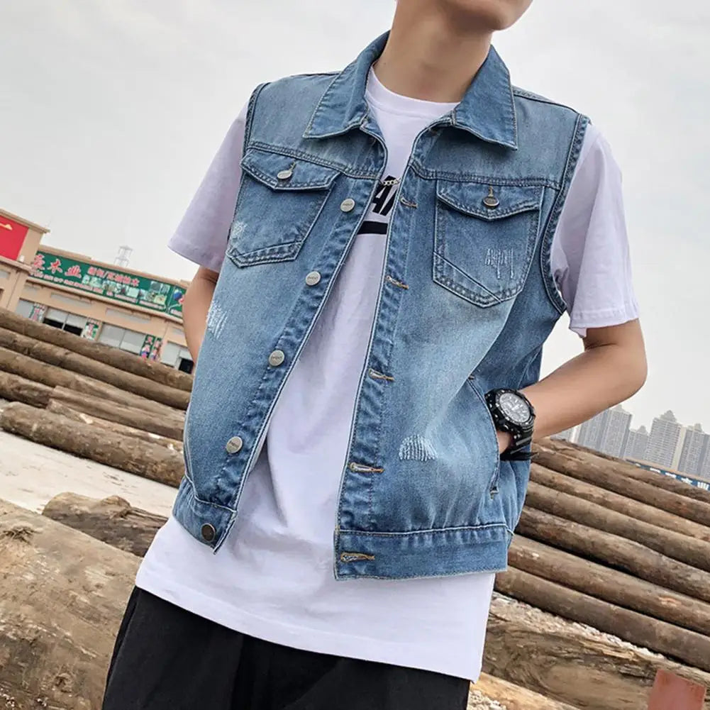 Men's Ripped Denim Vest – Sleeveless Waistcoat with Pockets & Lapel Collar