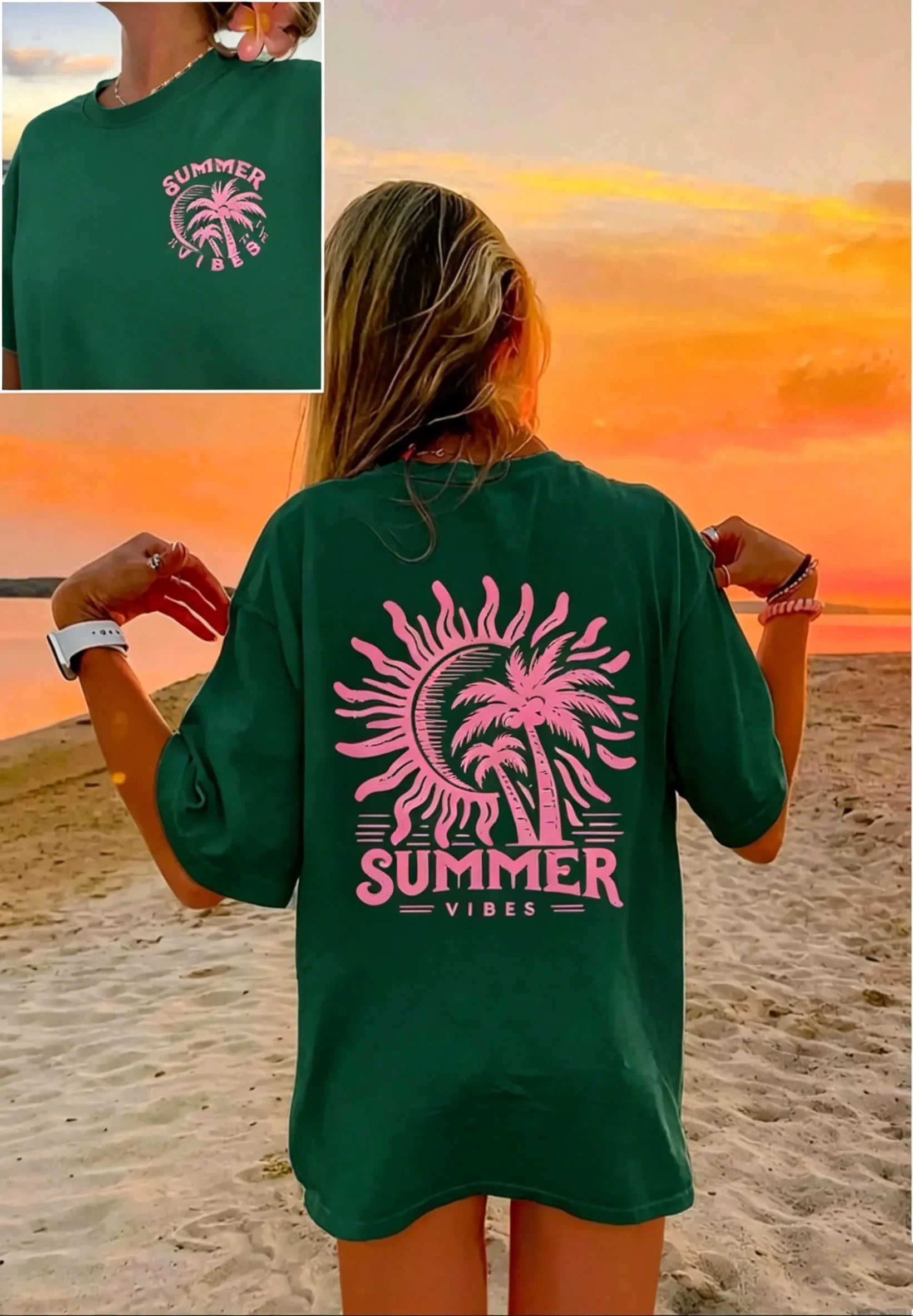 Women's Palm Tree & Sun Print T-Shirt – Casual Beach Vacation Tee