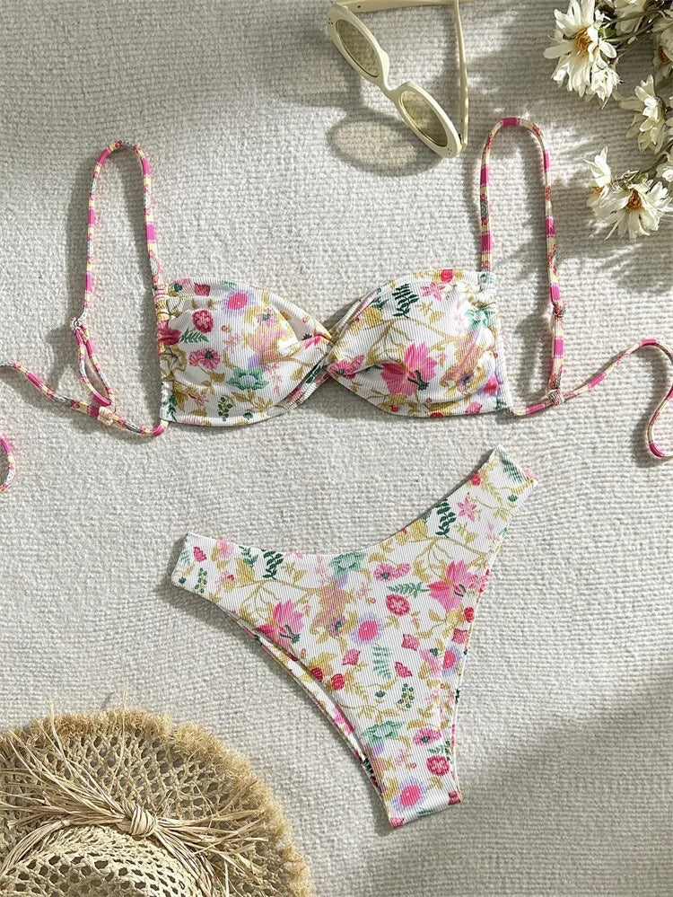 Women's Green Floral Bikini Set – Front Bow Push-Up Micro Swimsuit