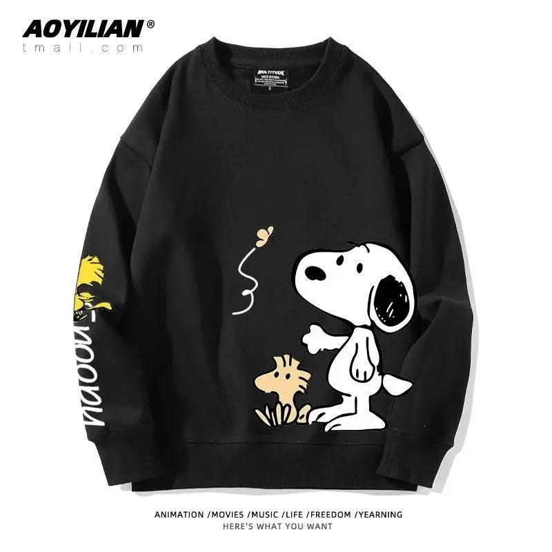 Snoopy Cartoon Fleece-Lined Sweatshirt | Unisex Couples Pullover