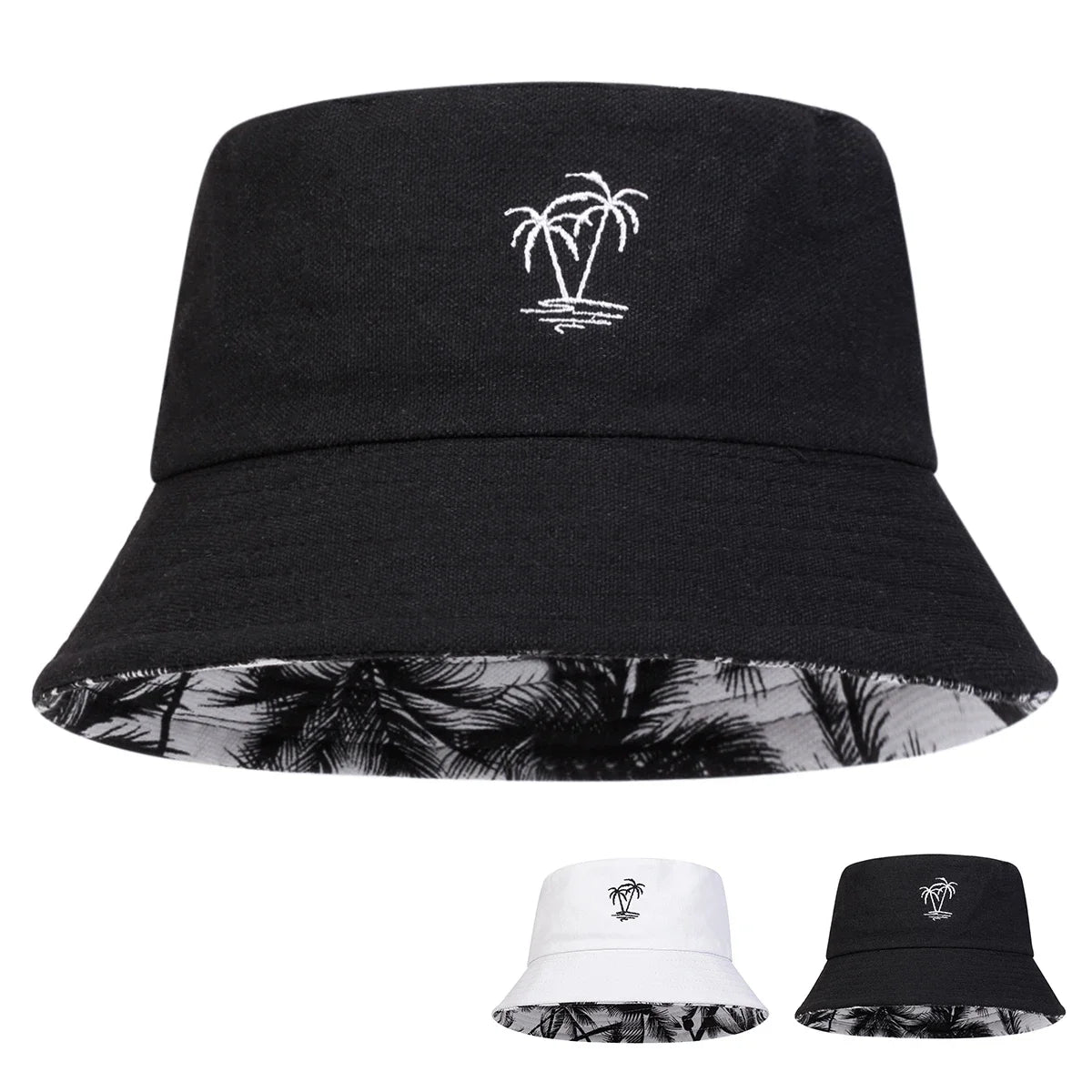 Coconut Tree Embroidery Bucket Hat | Reversible Unisex Fisherman Cap | Outdoor Sun Hat