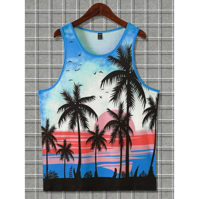 Men's Coconut Tree Print Tank Top | Colorful Gradient 3D Tee | Summer Casual Streetwear Vest