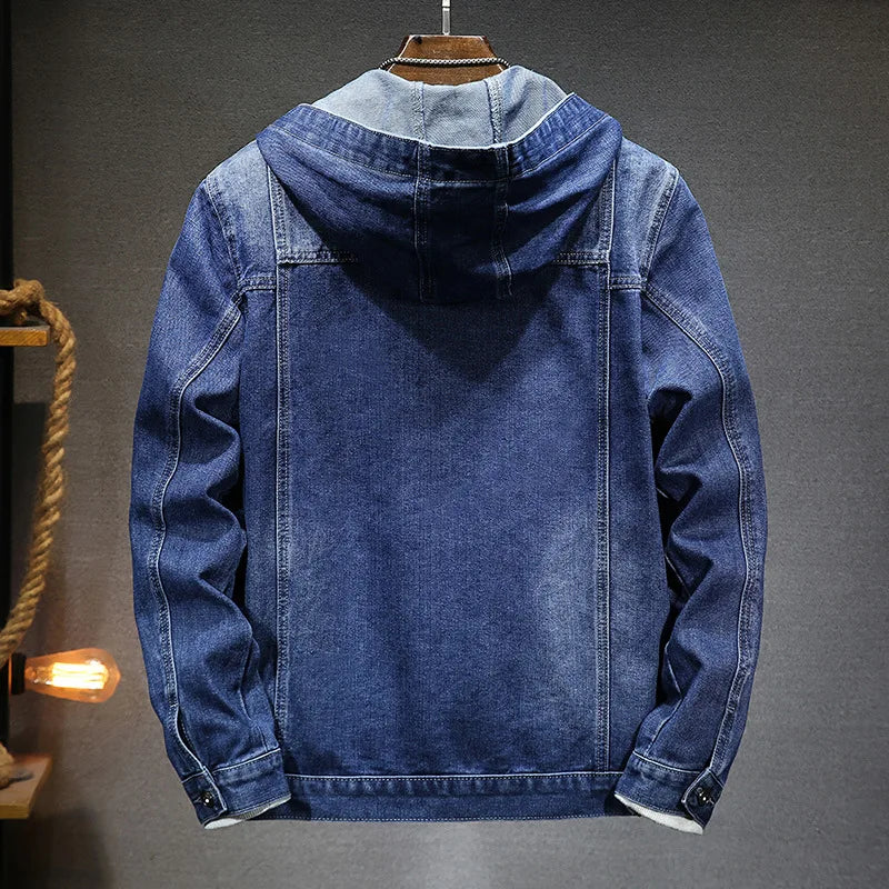 Men's Hooded Denim Jacket – Casual Button-Up Coat with Pockets