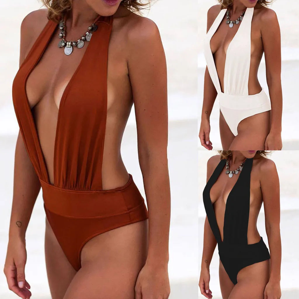 V-Neck One-Piece Backless Bikini