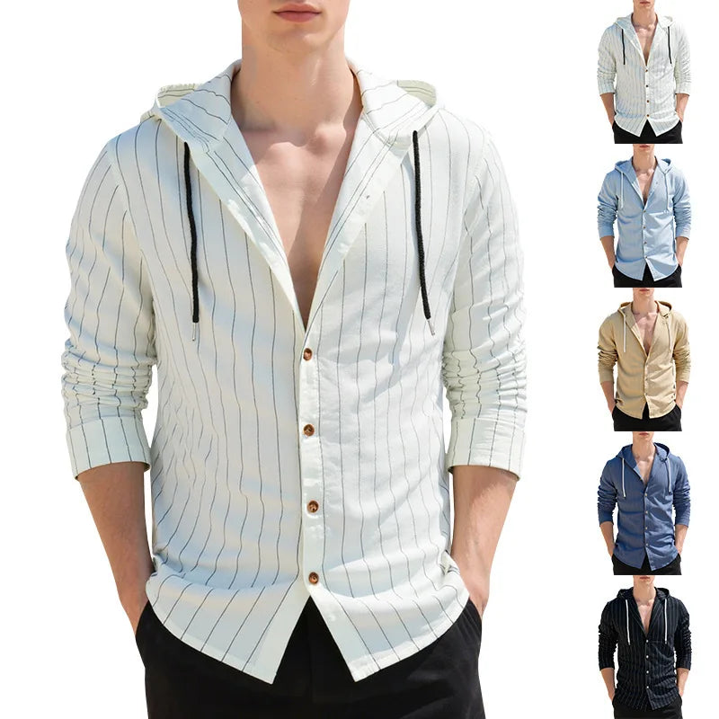 Men's Striped Linen-Blend Hooded Beach Shirt – Long Sleeve Casual Button-Up for Summer, Vacation & Outdoor (S-XXXL, 5 Colors)