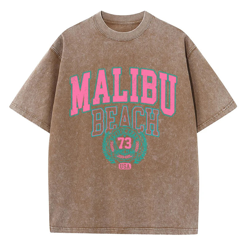 Women's Malibu Beach Washed Oversized T-Shirt – Letter Print 100% Cotton Crewneck Casual Tee (XS-XXL, 17 Colors)
