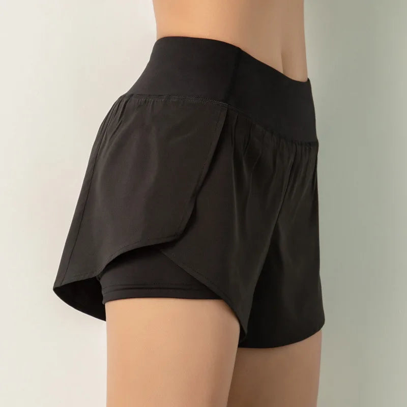 Women's Double-Layer Running Shorts – Slim-Fit Yoga & Gym Shorts with Pockets