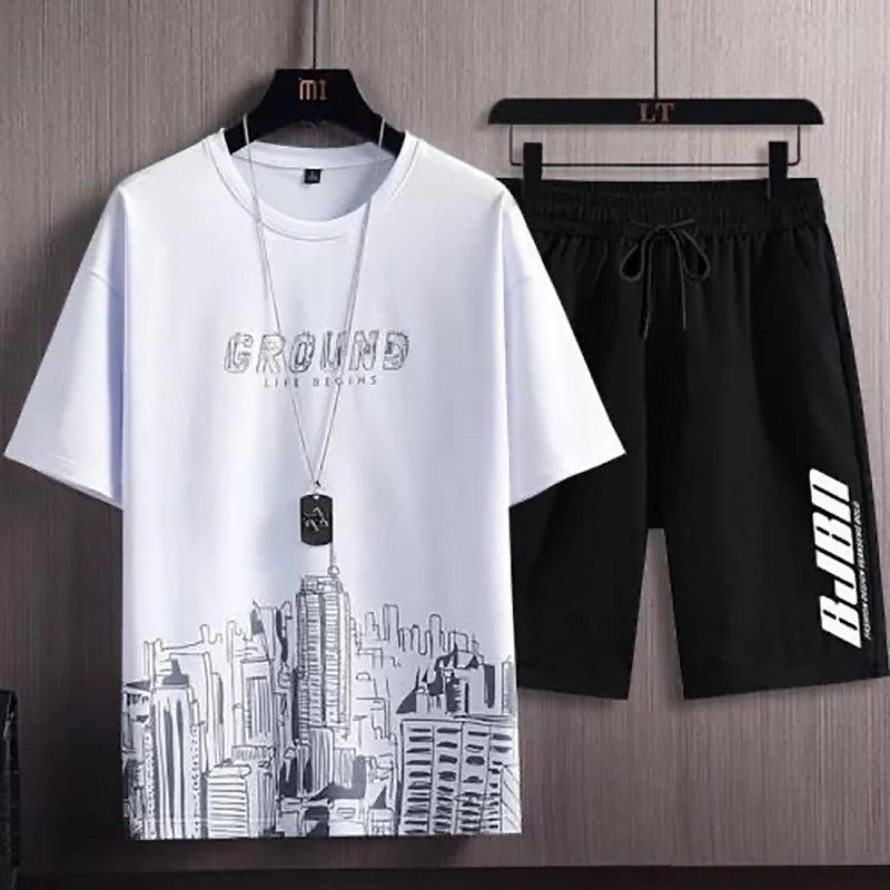 Men's 2-Piece Athletic Set – Printed Ice Silk T-Shirt & Drawstring Jogger Shorts
