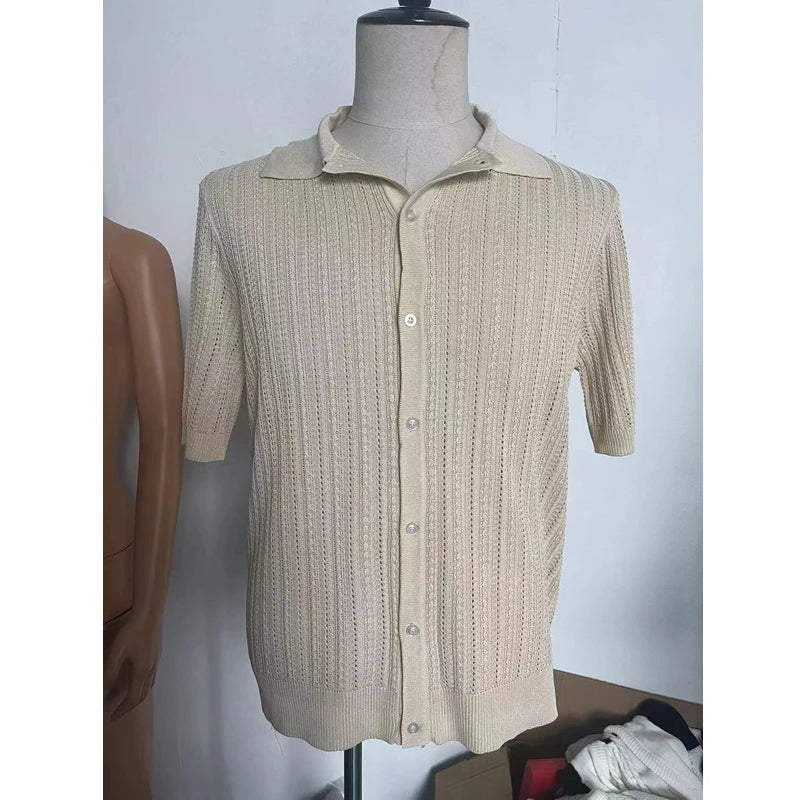 Men's Short-Sleeve Knitted Polo Shirt – Casual Loose Fit with Turn-Down Collar
