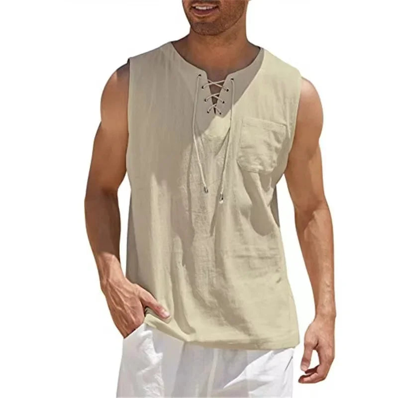 Men's Cotton Linen Sleeveless Vest – Retro V-Neck Lace-Up Tank Top, Loose Fit