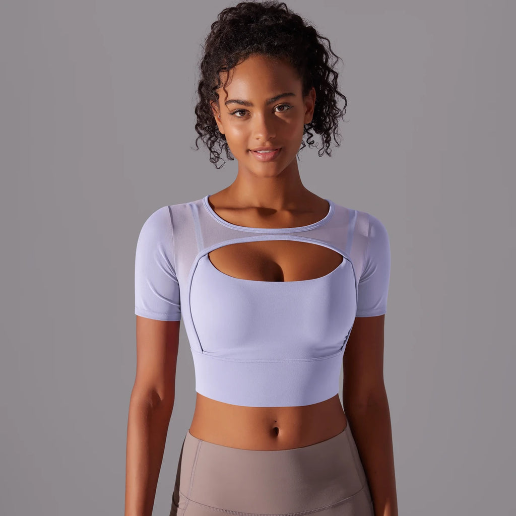 Women's Quick-Dry Mesh Yoga Top – Sexy Short Sleeve Gym Shirt for Running & Fitness