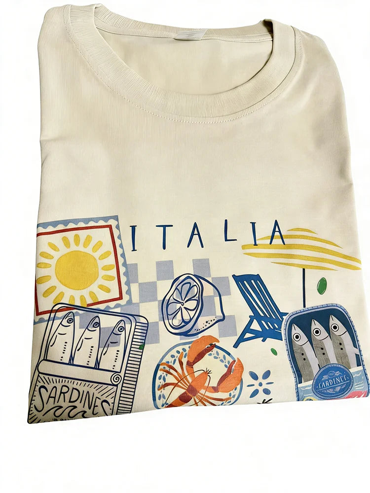 Capri Italia Graphic T-Shirt – Retro Seafood Vacation Tee | Women's Oversized Summer Top