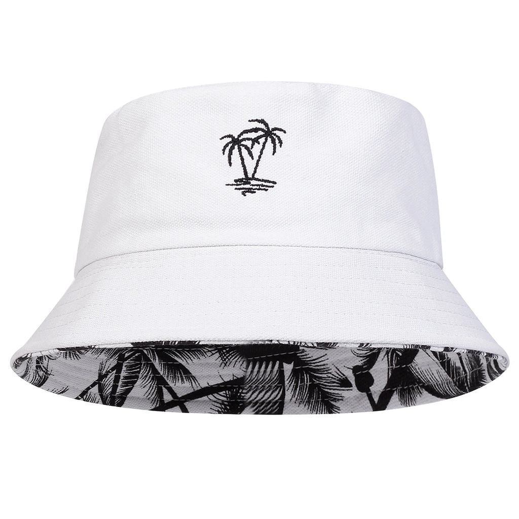 Coconut Tree Embroidery Bucket Hat | Reversible Unisex Fisherman Cap | Outdoor Sun Hat