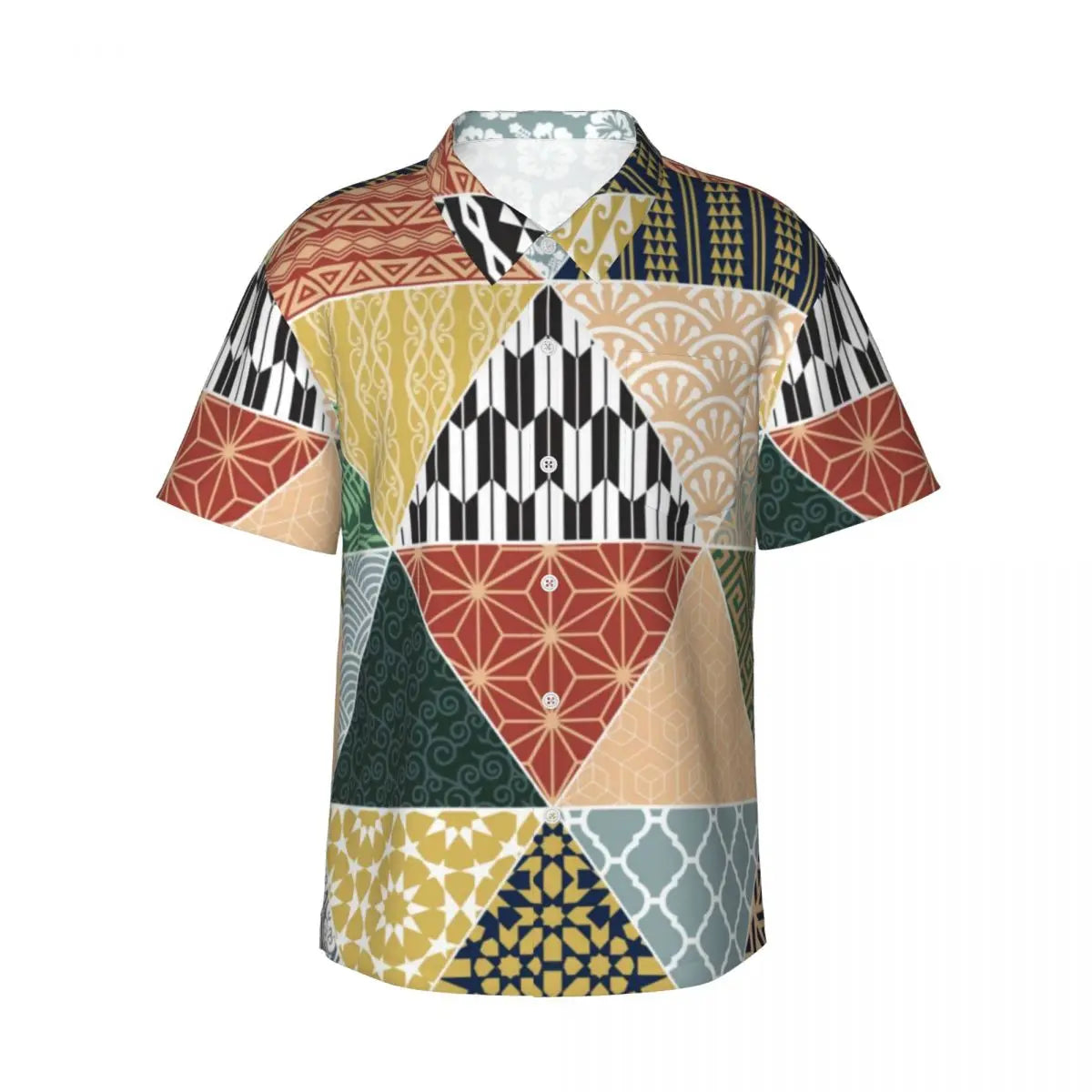 Men's Abstract Patchwork Shirt | Geometric Print Short Sleeve Summer Vacation Top