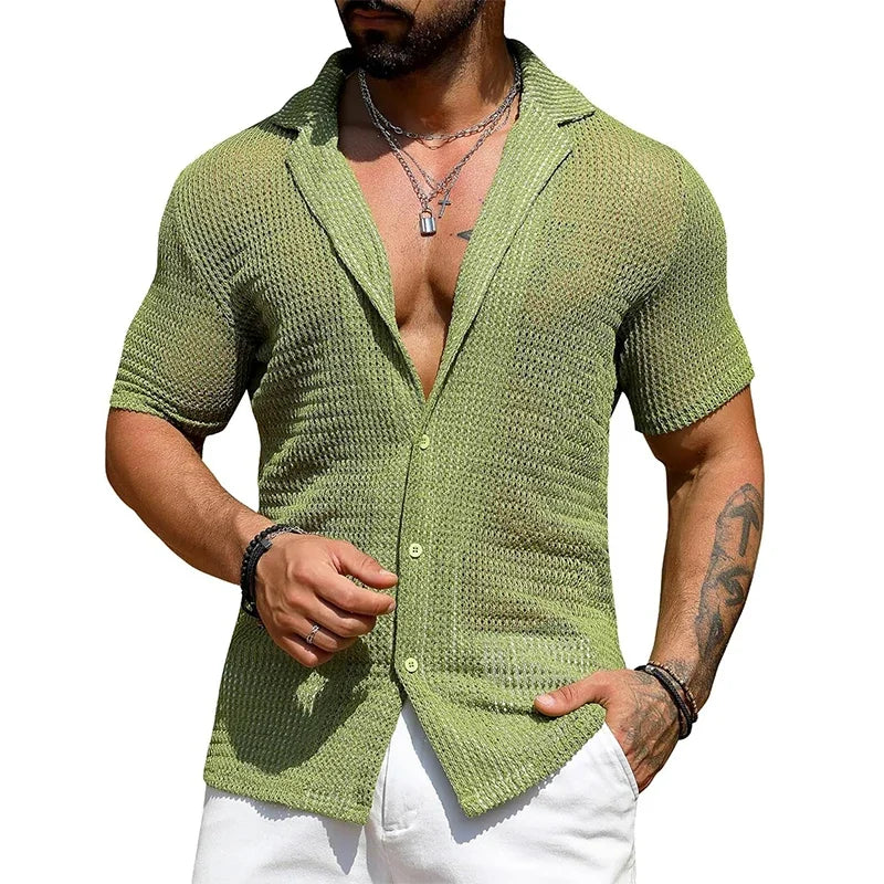 Men's Hollow Knit Beach Shirt – Breathable Short Sleeve Button-Up