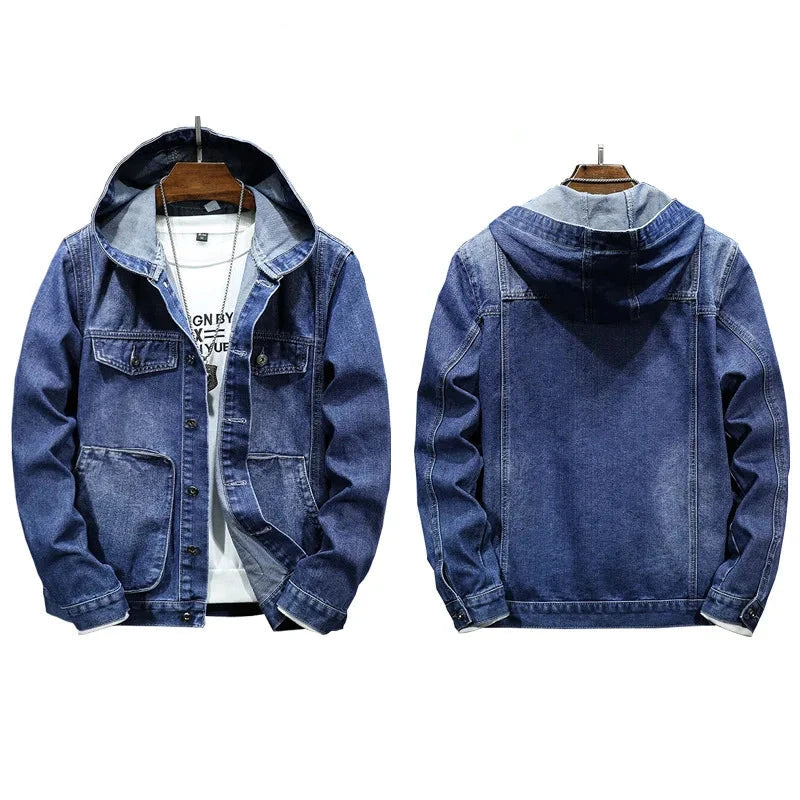 Men's Hooded Denim Jacket – Casual Button-Up Coat with Pockets