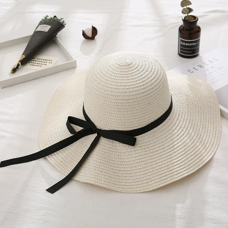 Women's Wide Brim Straw Sun Hat – Foldable Beach Hat with Bow | UV Protection