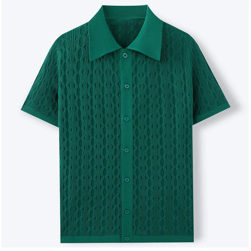 Men's Short-Sleeve Jacquard Knit Polo Shirt – Slim Fit Single-Breasted Viscose Knitwear