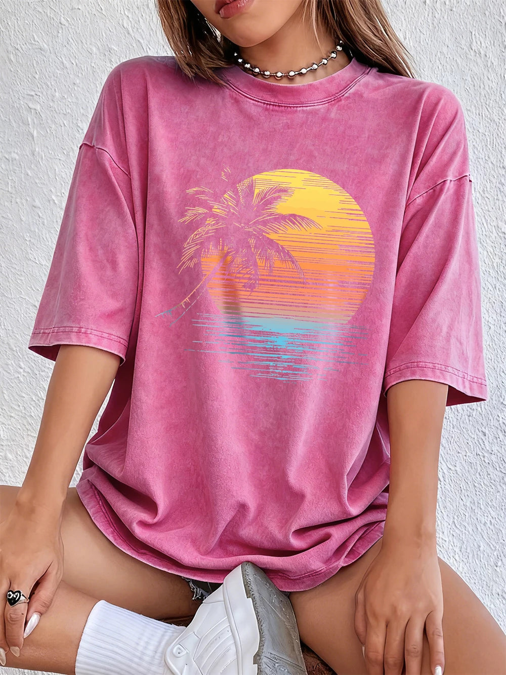 Women's Sunset Coconut Tree Washed Cotton T-Shirt | Oversized Summer Tee | Soft Streetwear Top