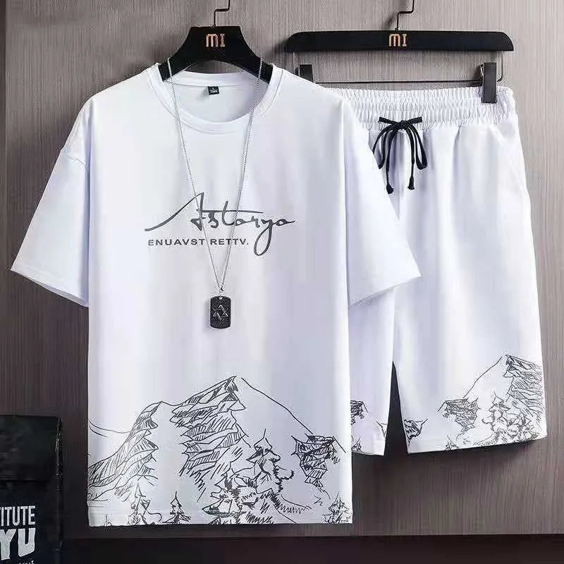 Men's 2-Piece Athletic Set – Printed Ice Silk T-Shirt & Drawstring Jogger Shorts