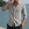 Men's Vertical Stripe Beach Shirt – Long Sleeve Silk-Feel Button-Up Vacation Top
