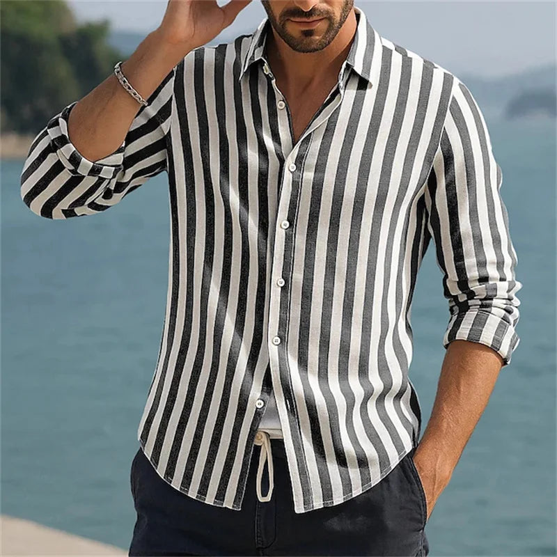 Men's Vertical Stripe Beach Shirt – Long Sleeve Silk-Feel Button-Up Vacation Top