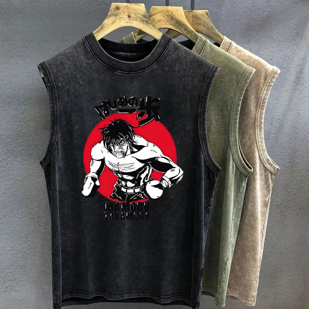 Anime Graphic Tank Top | Hajime No Ippo Vintage Wash Oversized Sleeveless Vest