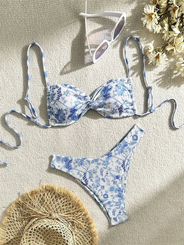 Women's Green Floral Bikini Set – Front Bow Push-Up Micro Swimsuit