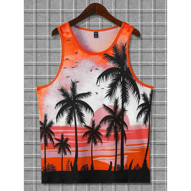 Men's Coconut Tree Print Tank Top | Colorful Gradient 3D Tee | Summer Casual Streetwear Vest