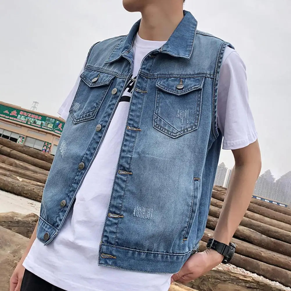 Men's Ripped Denim Vest – Sleeveless Waistcoat with Pockets & Lapel Collar