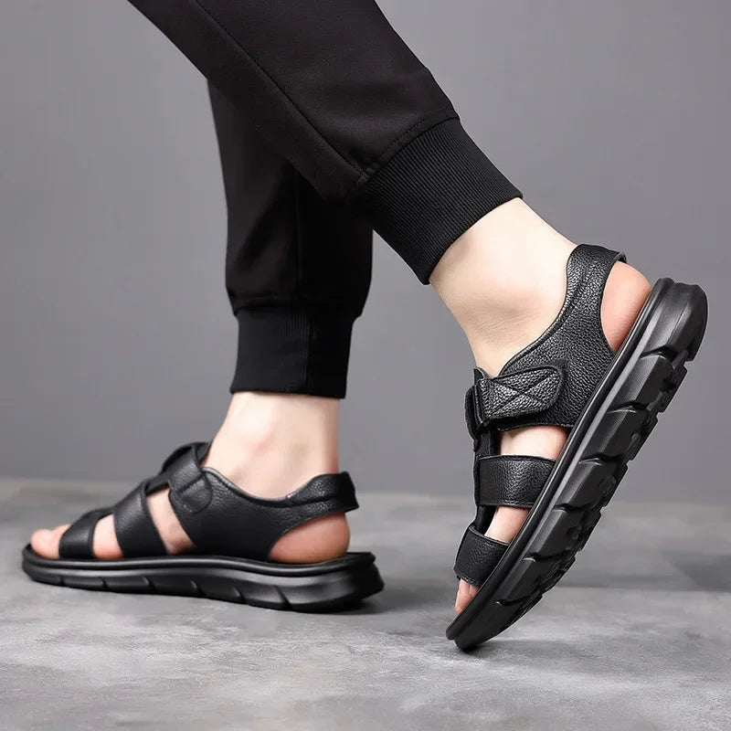 Men's Genuine Leather Sandals – Non-Slip Casual Beach & Outdoor Shoes