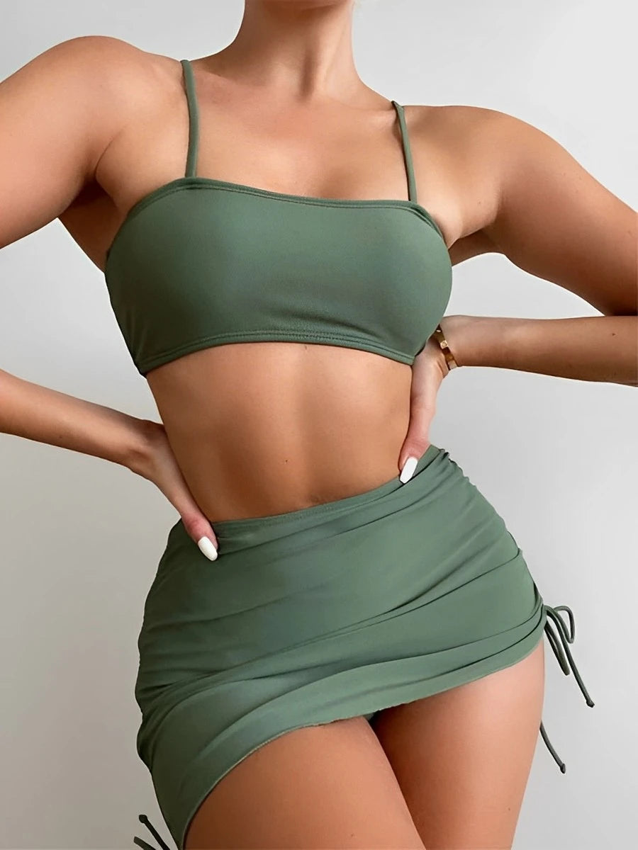 3-Piece Padded Bikini Set with Drawstring Skirt – Women's Solid Swimsuit