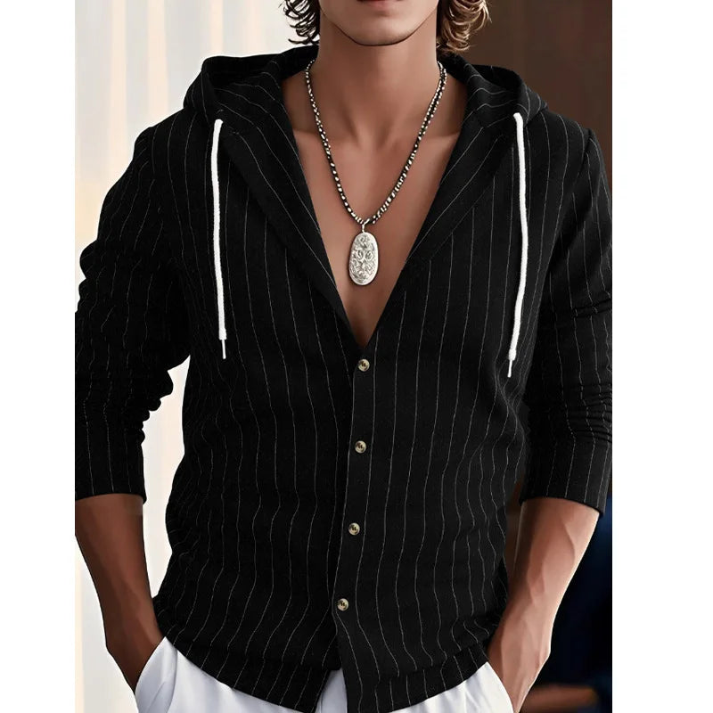 Men's Striped Linen-Blend Hooded Beach Shirt – Long Sleeve Casual Button-Up for Summer, Vacation & Outdoor (S-XXXL, 5 Colors)