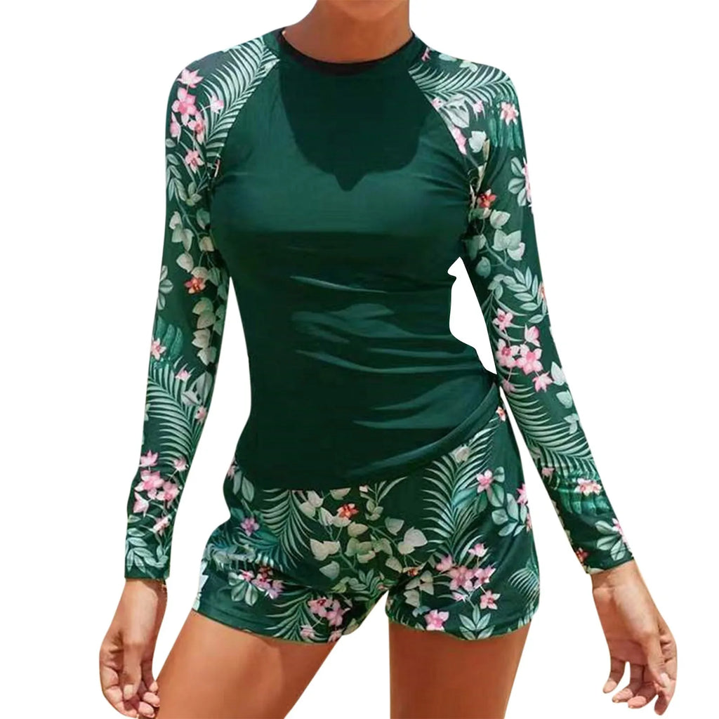 Women's Long Sleeve Two-Piece Surf Swimsuit | Floral Print Rash Guard Set