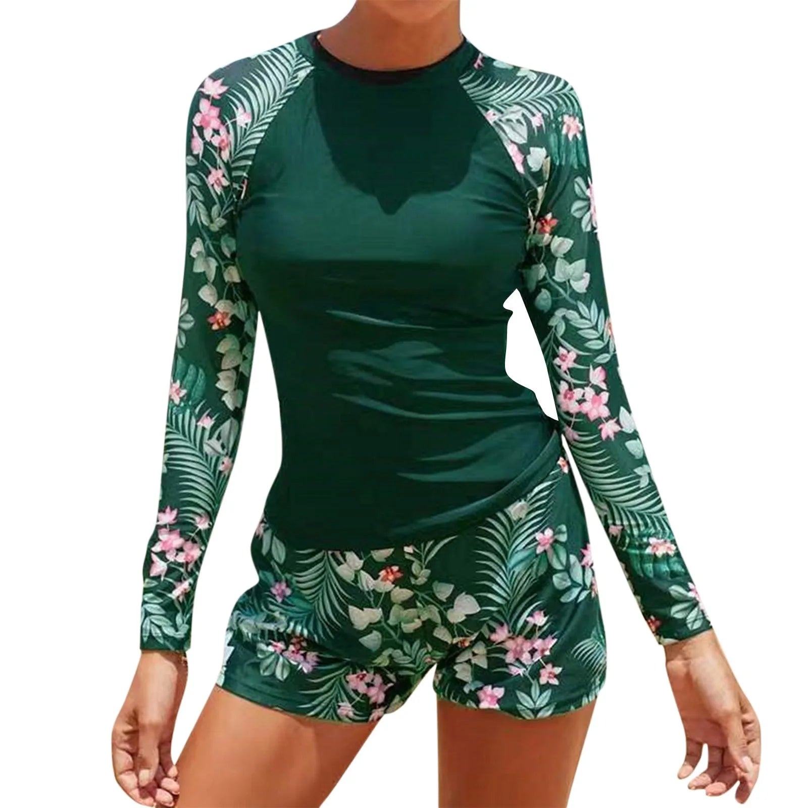 Women's Long Sleeve Two-Piece Surf Swimsuit | Floral Print Rash Guard Set