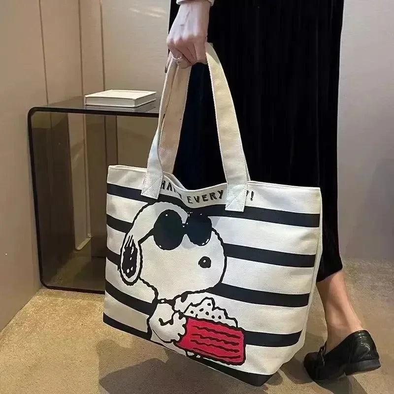 Snoopy Canvas Tote Bag – Large Capacity Zipper Shoulder Bag for School & Daily Use