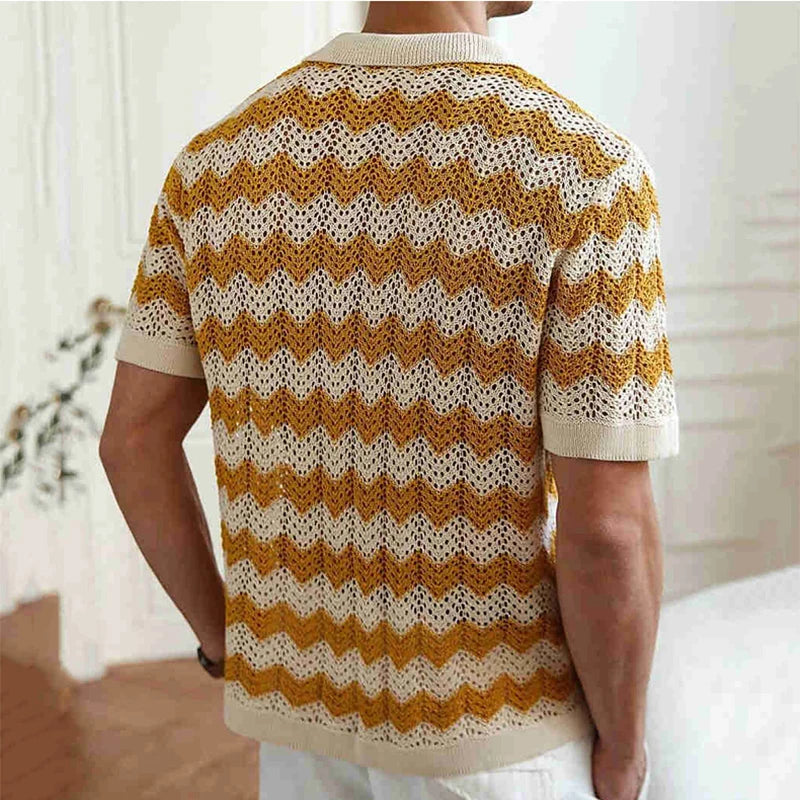 Men's Striped Crochet Knit Cardigan Shirt – Hollow-Out Lapel Button-Up Beach Top