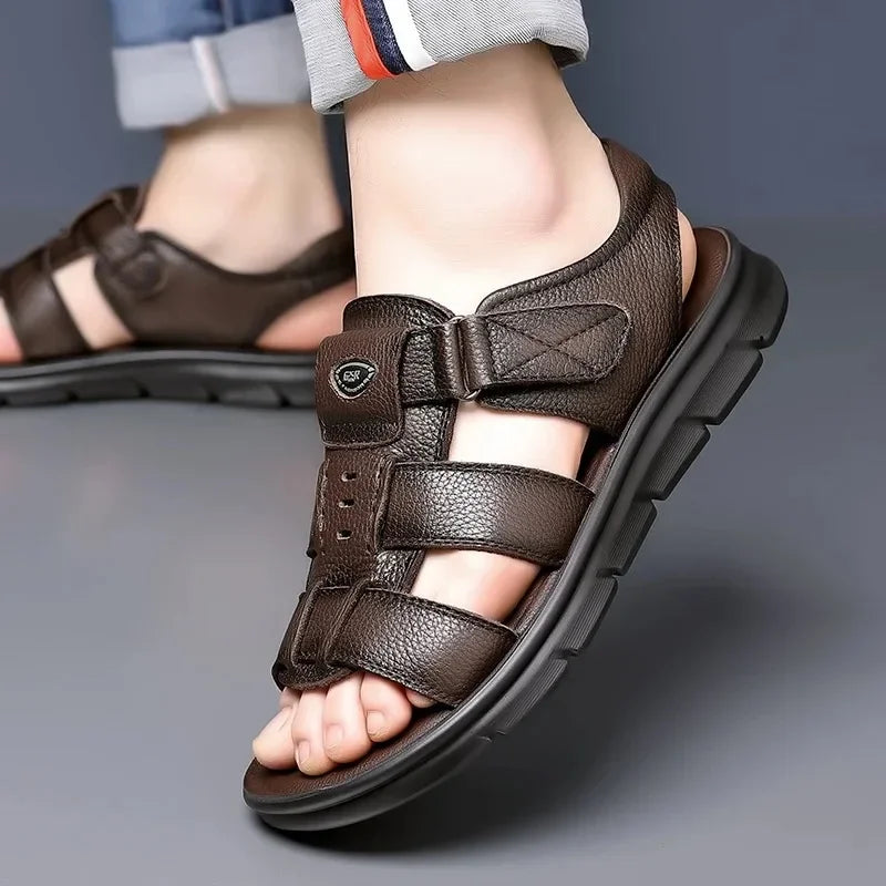 Men's Genuine Leather Sandals – Non-Slip Casual Beach & Outdoor Shoes