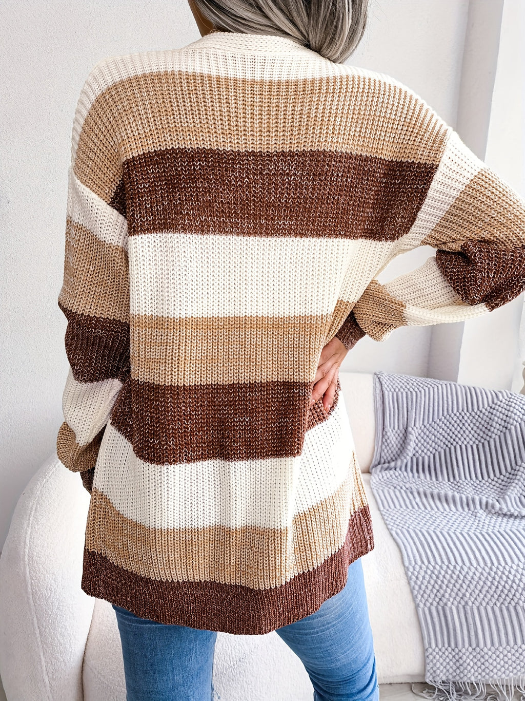 Women's Striped Colorblock Knit Cardigan | V-Neck Drop Shoulder | Fall Winter