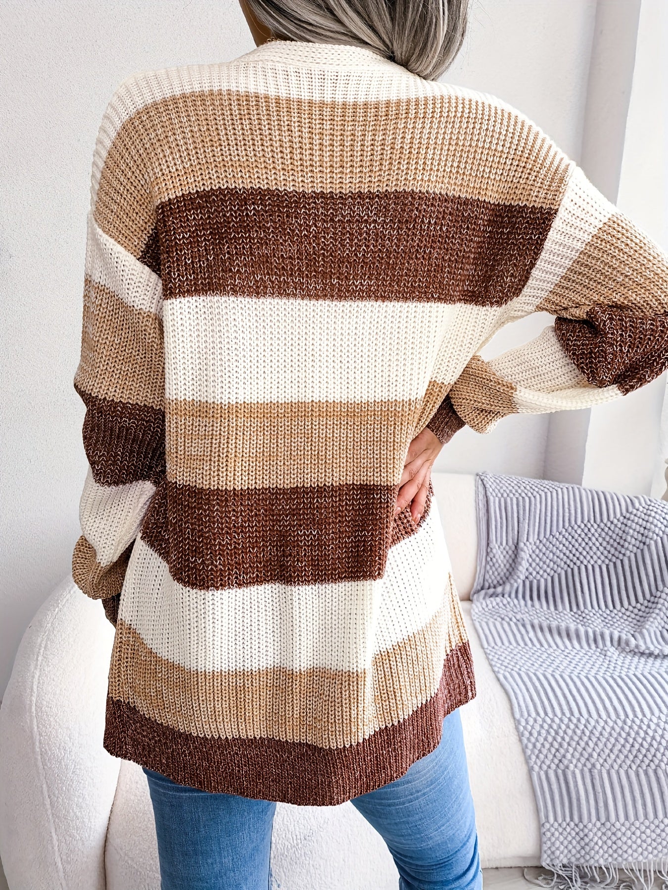 Women's Striped Colorblock Knit Cardigan | V-Neck Drop Shoulder | Fall Winter