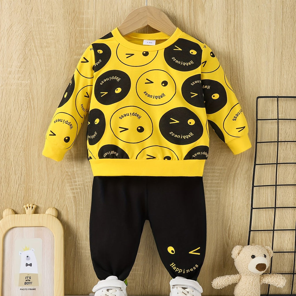 Toddler Boy 2-Piece Tracksuit – Happy Face Print Sweatshirt & Jogger Set