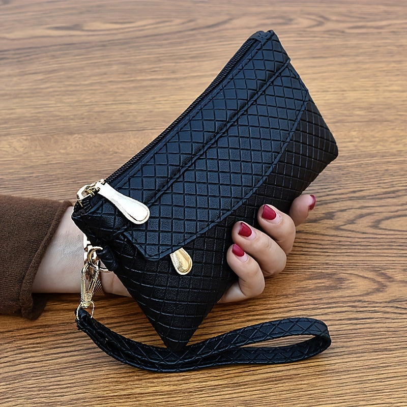Argyle Quilted Wristlet Clutch | Faux Leather Zipper Bag for Women