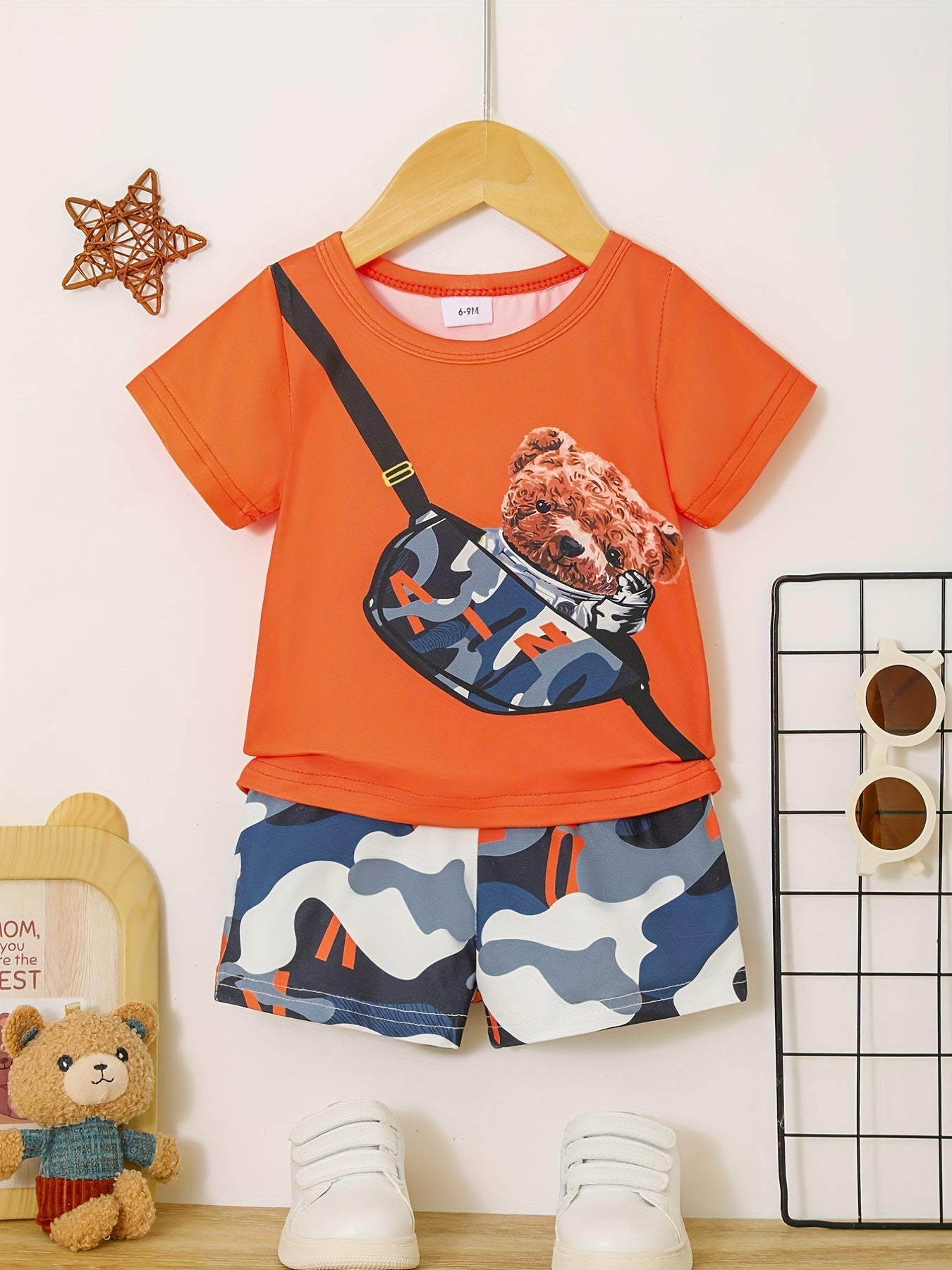 Baby Boy 2-Piece Set – Bear Print T-Shirt & Checkered Shorts (Optional Backpack)