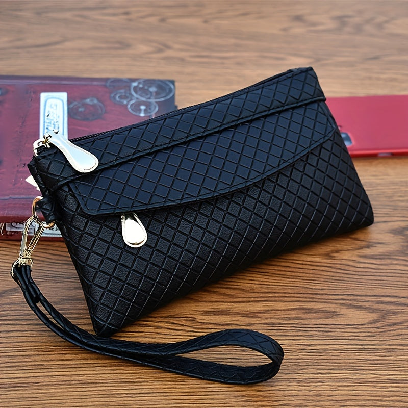Argyle Quilted Wristlet Clutch | Faux Leather Zipper Bag for Women