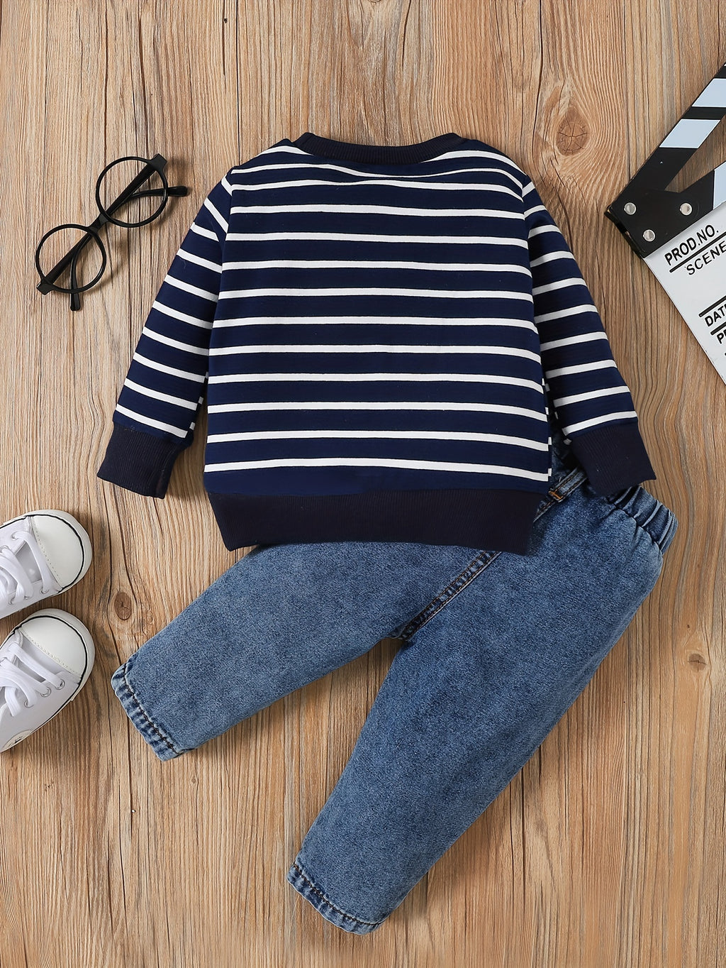 Baby Boy 2-Piece Set – Striped Elephant Long Sleeve Top & Denim Pants