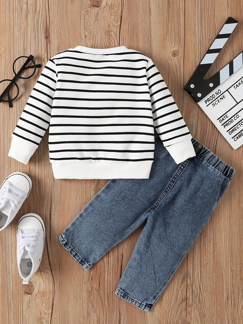Baby Boy 2-Piece Set – Striped Elephant Long Sleeve Top & Denim Pants