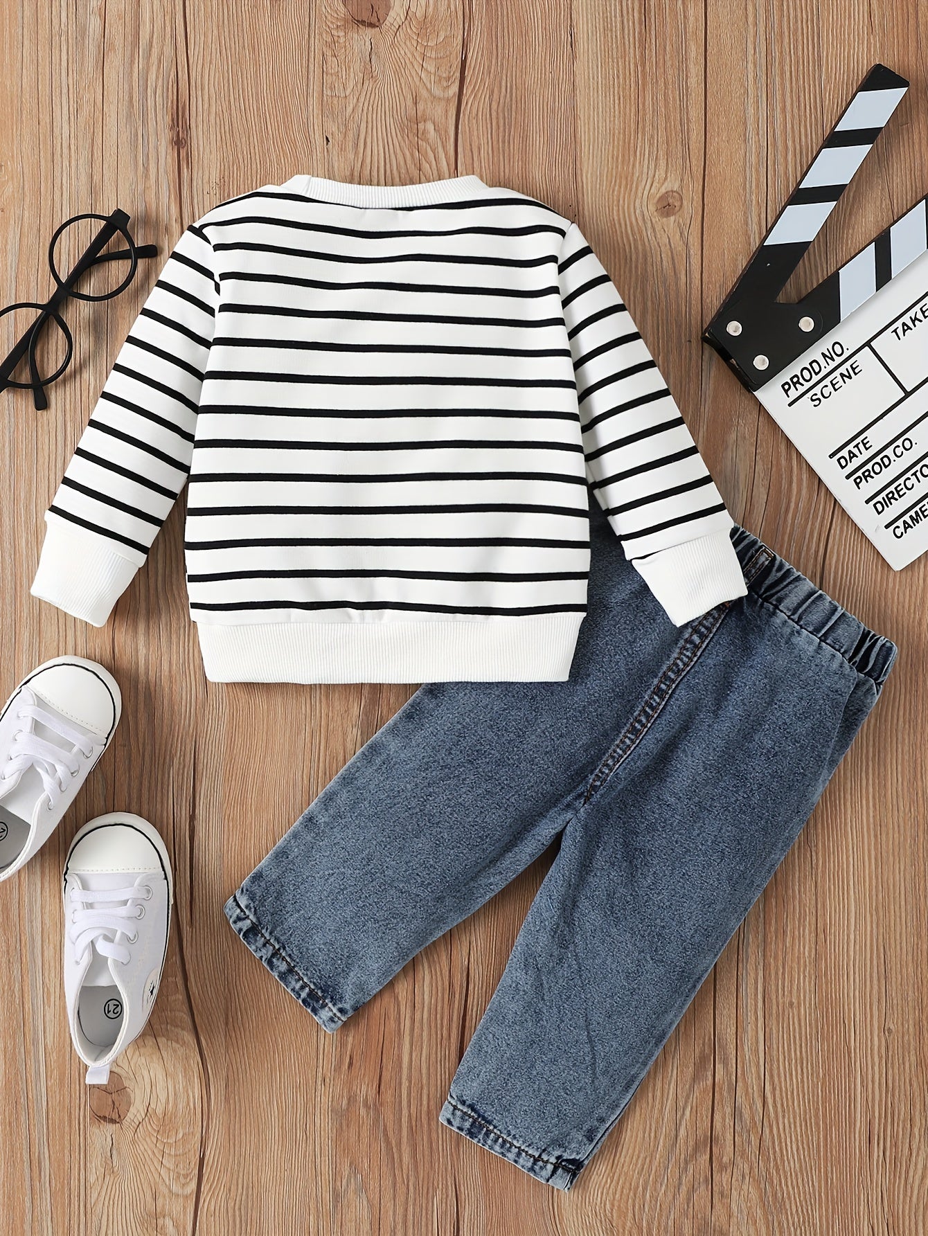 Baby Boy 2-Piece Set – Striped Elephant Long Sleeve Top & Denim Pants