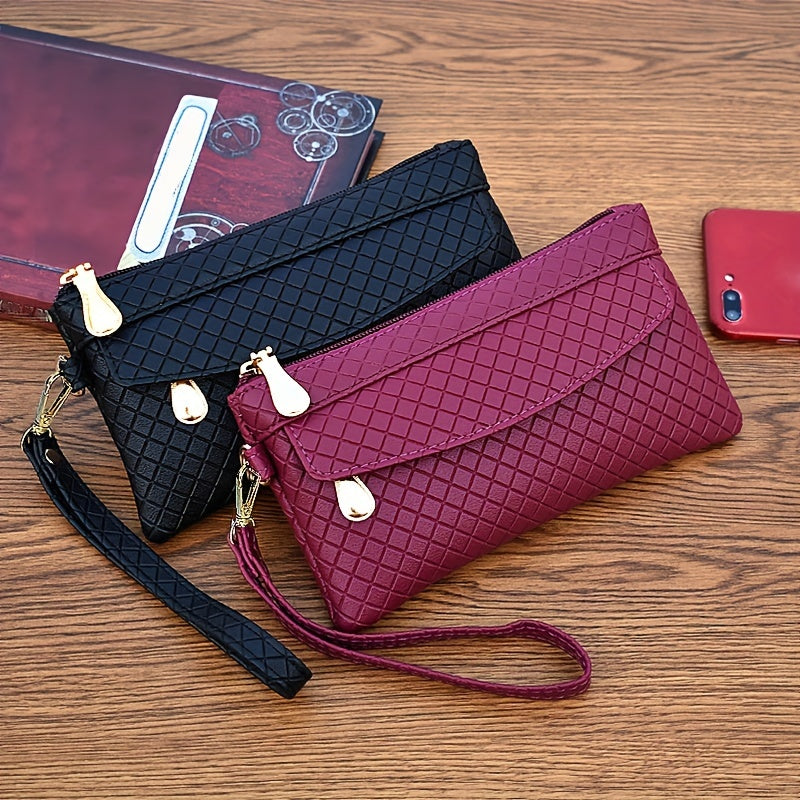 Argyle Quilted Wristlet Clutch | Faux Leather Zipper Bag for Women