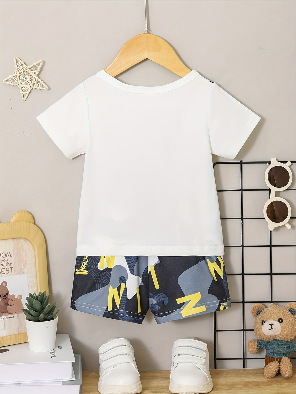 Baby Boy 2-Piece Set – Bear Print T-Shirt & Checkered Shorts (Optional Backpack)